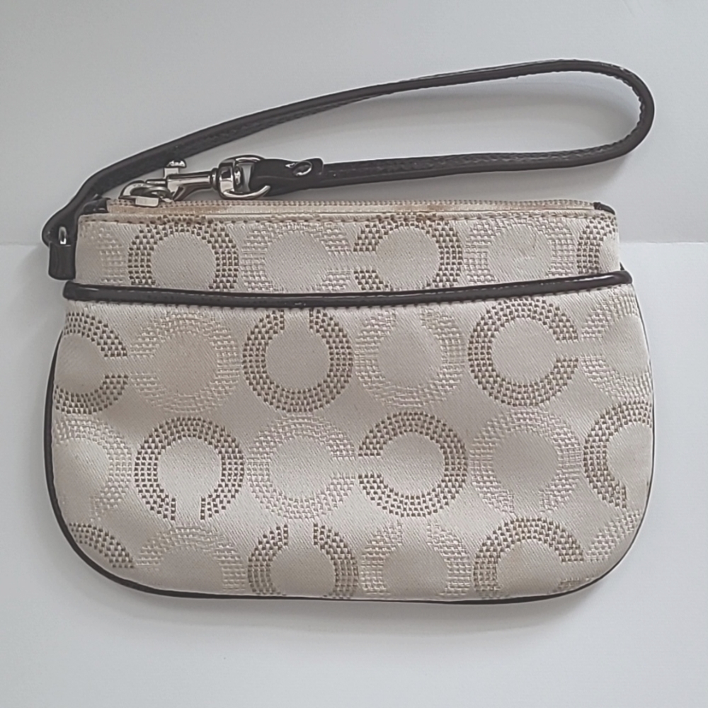 Coach Pop Wristlet Wallet Pouch Pouchette Makeup Bag Satin Jacquard Brown Gold